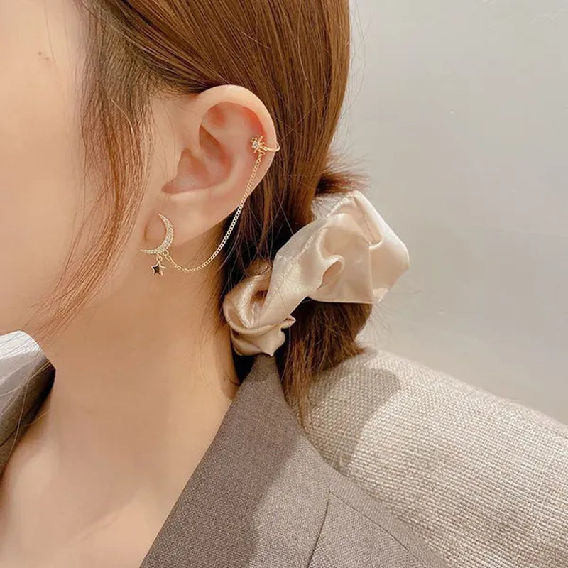 New Simple Moon Star Rhinestone Long Chain Earrings Shining Sun Crescent Geometric Tassel Piercing Earrings Ear Bone Clip Jewelry