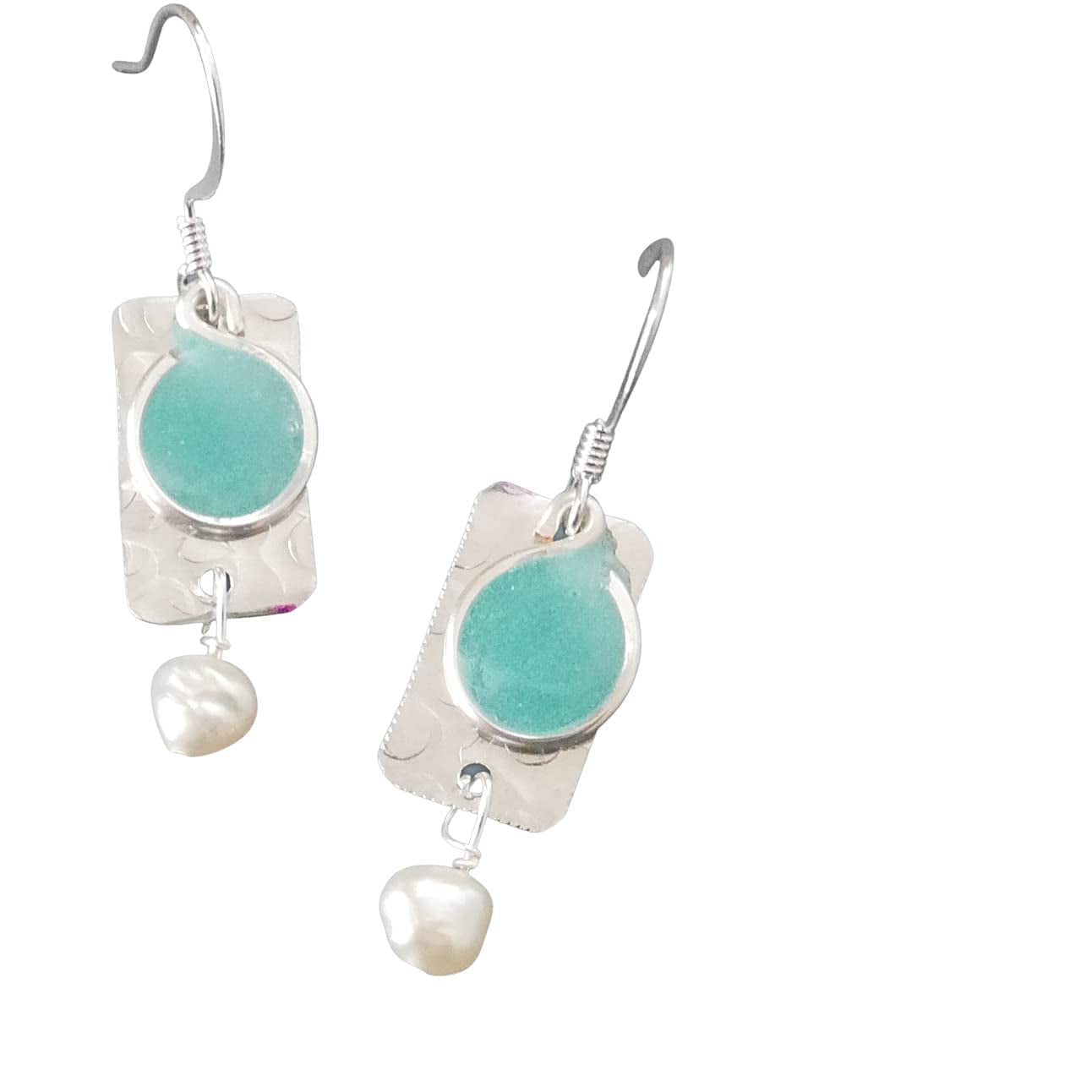 Handmade Lightweight Silvertone Sapphire Blue and White Pearl Rectangle Drop Womens Earrings