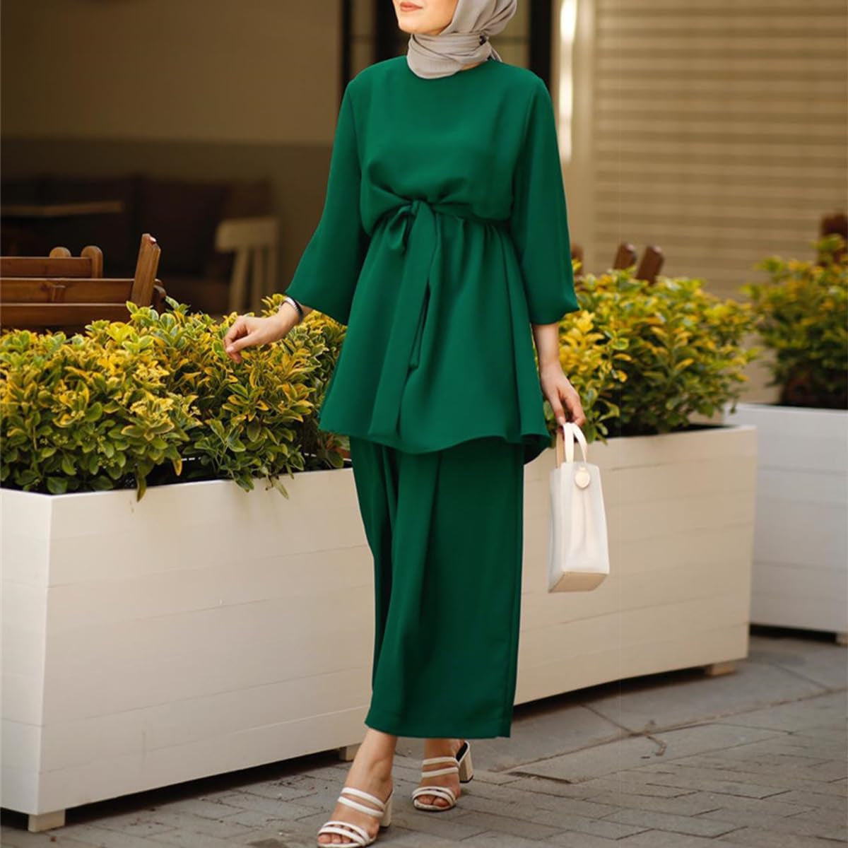 Abayas for Women Muslim Long Sleeve Loose Top Pants 2 Pcs Eid Ramadan Outfits Casual Islamic Muslim Clothes with Belt