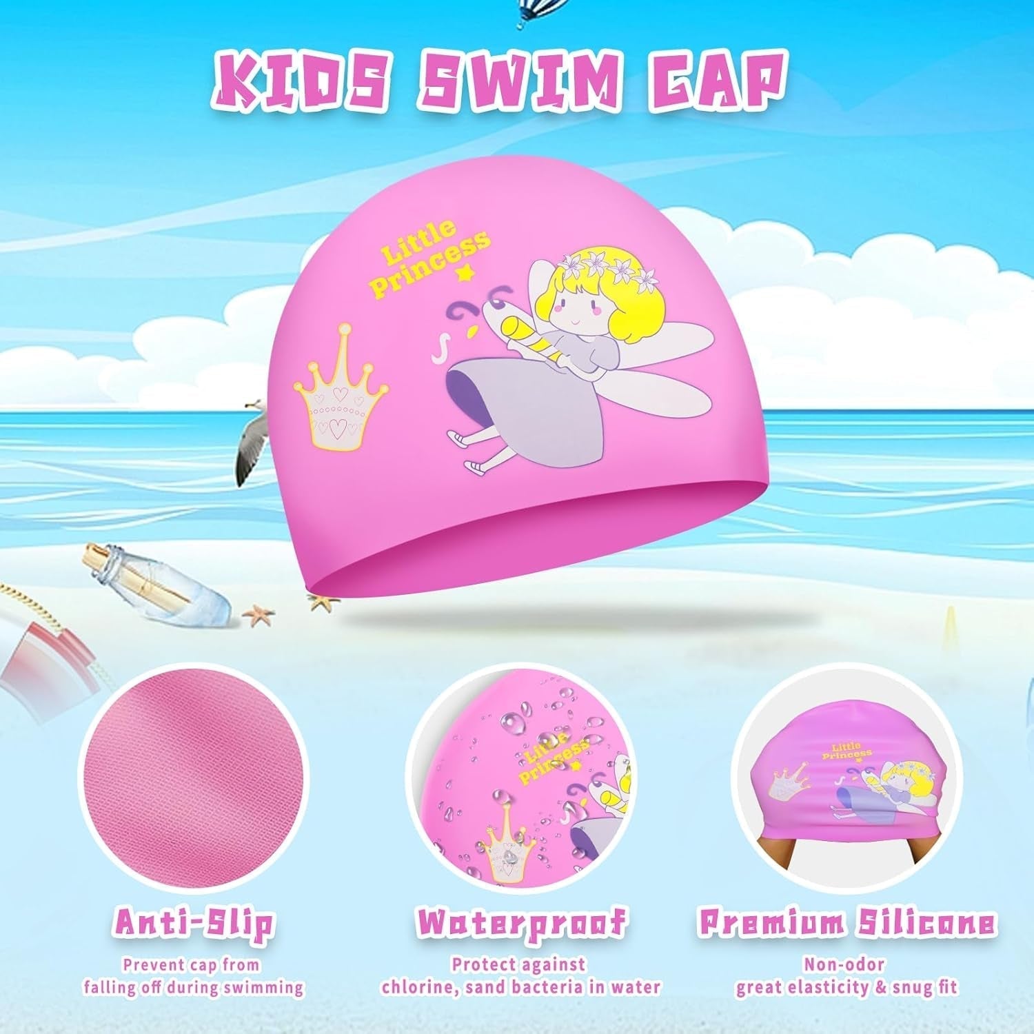 2 Pack Swim Cap for Kids Girl Boys Youth, Waterproof Swimming Cap for Long and Short Hair, Durable Silicone Bathing Cap with Storage Bag