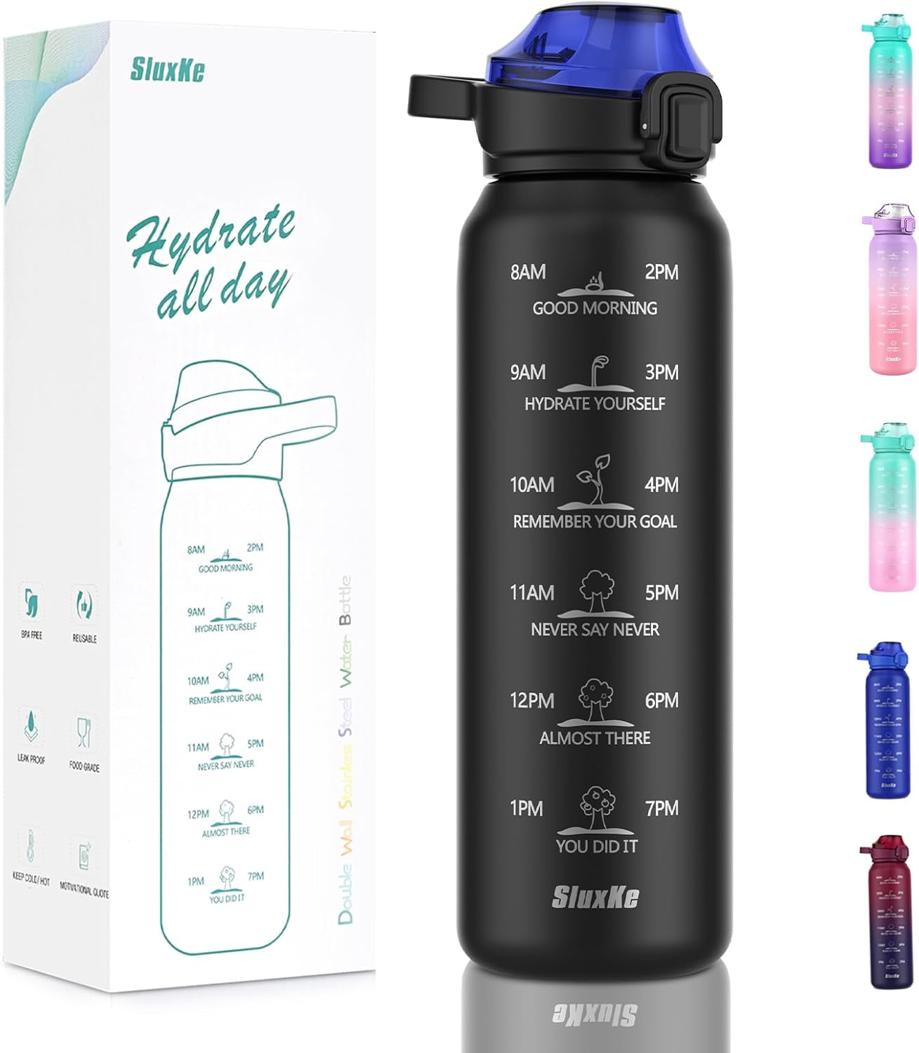 32Oz Water Bottle 316 Stainless Steel with Time Marker, 1000Ml Insulated Water Bottle Double Walled with Handle, Metal Thermoses Keep Cold & Hot 24H for Men, Women & Kids BLACK