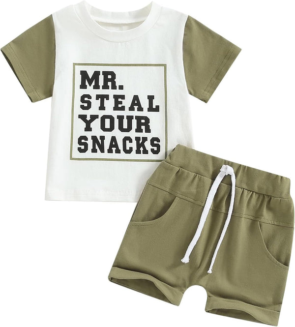 Toddler Baby Boy Summer Clothes Short Sleeve Letter Print T Shirt Tops + Elastic Shorts Infant Casual Outfit Set