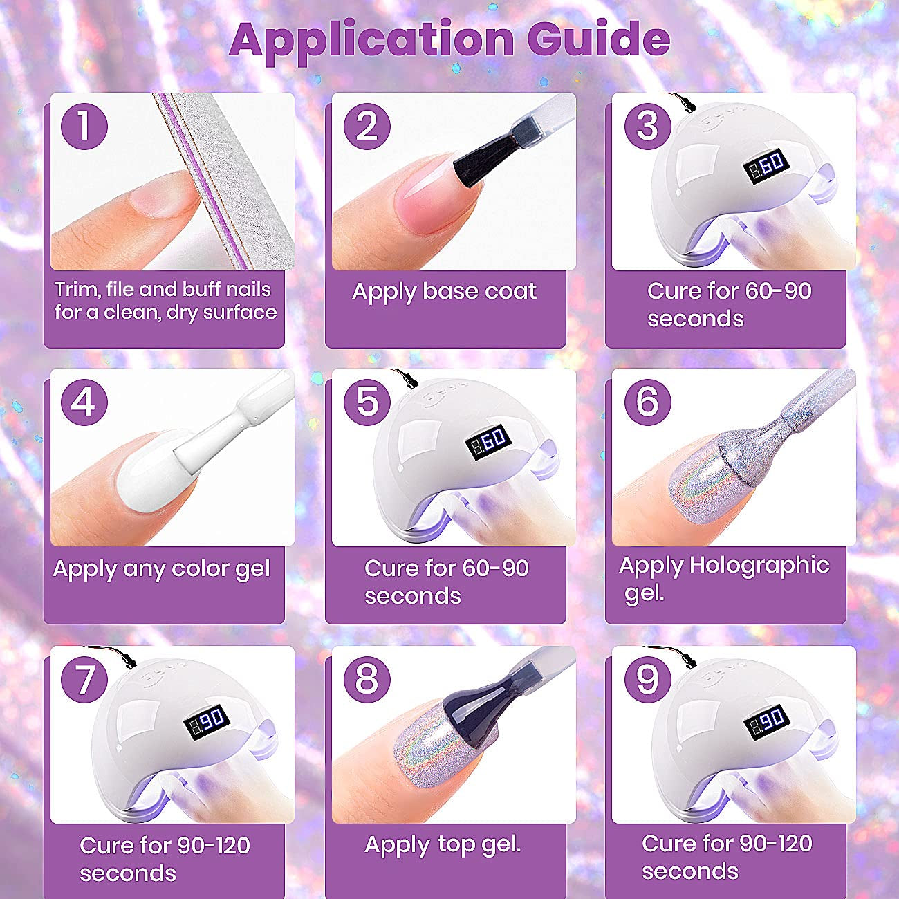 Holographic Gel Nail Polish Set 3PCS Rose Gold Pink Purple Gorgeous Glossy Soak off Nail Gel with Glitter Mermaid Unicorn Effect Lamp Curing Required for Nail Art Design Manicure Salon DIY at Home