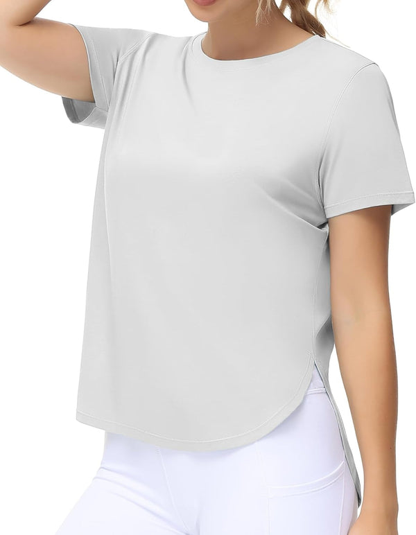 Women'S Workout T-Shirts Loose Fit Short Sleeve Cotton Running Basic Tee Tops with Split Hem