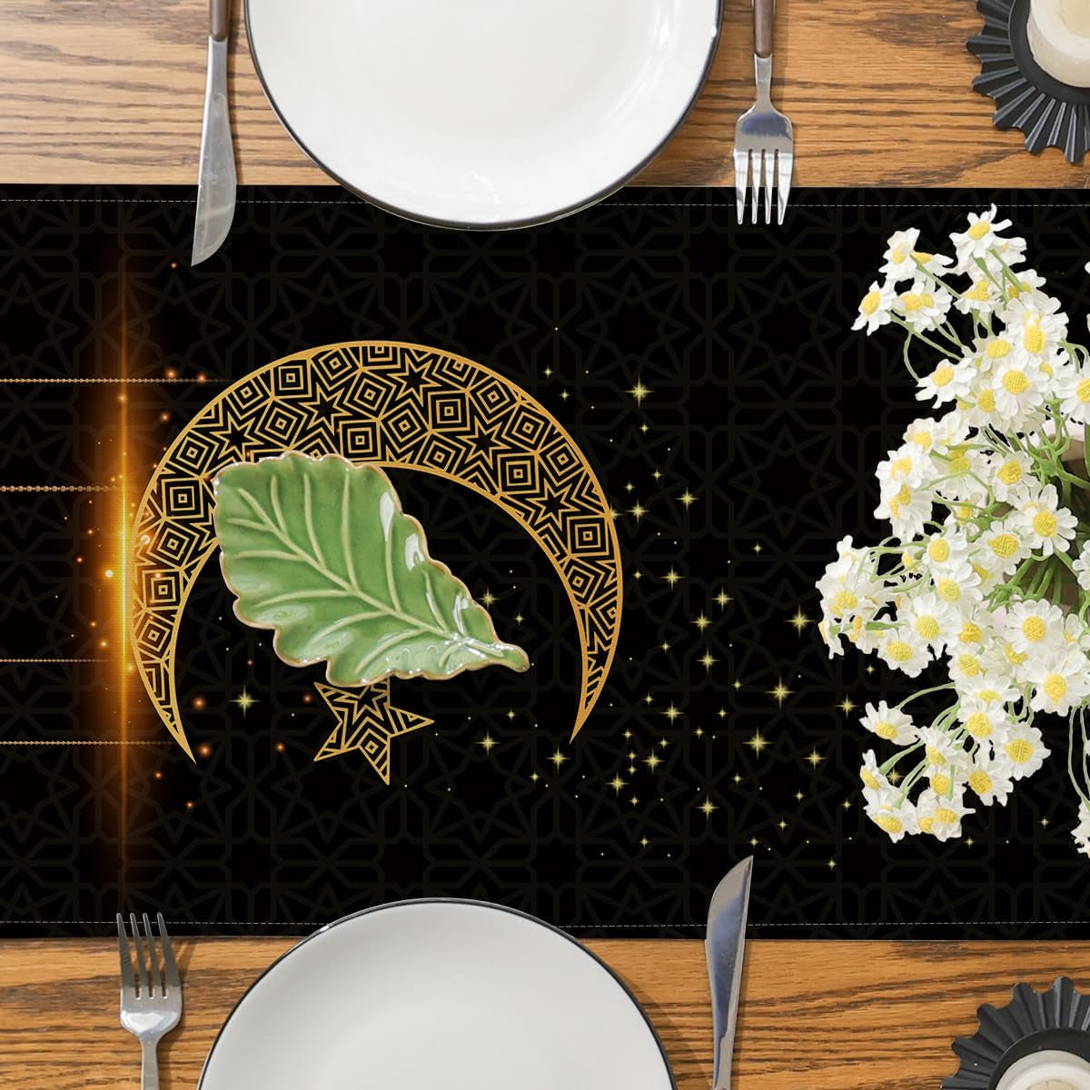 Ramadan Decorations for Home, Ramadan Table Runner Eid Mubarak Mosque Muslim Islamic Golden Moon Religious Table Runner Holiday Decor Dining Table Decoration (13'' X 36'')