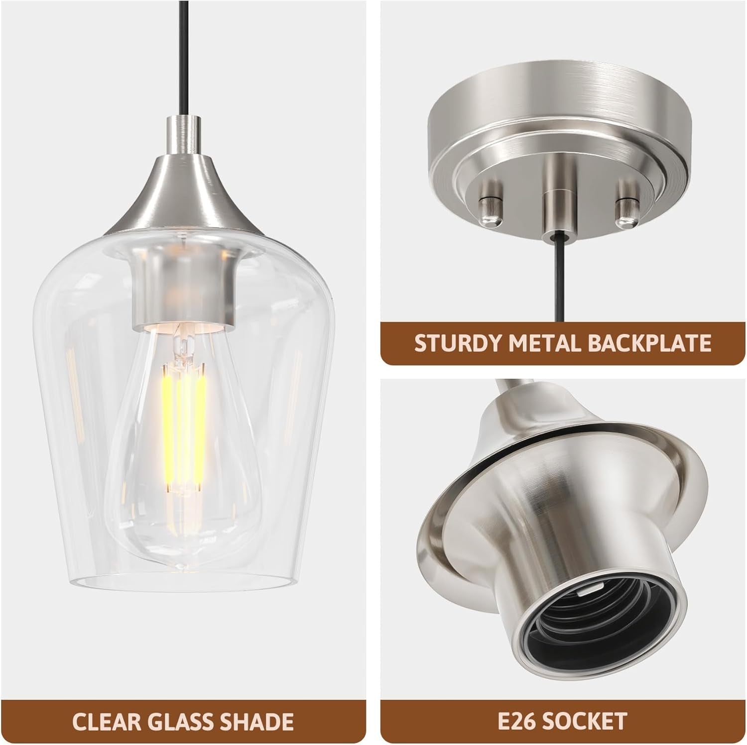 Pendant Light Kitchen Island, Brushed Nickel Pendant Light Fixture with E26 Base & Adjustable Cable, Modern Pendant Lighting with Glass Shade for Living Room Bedroom Hallway