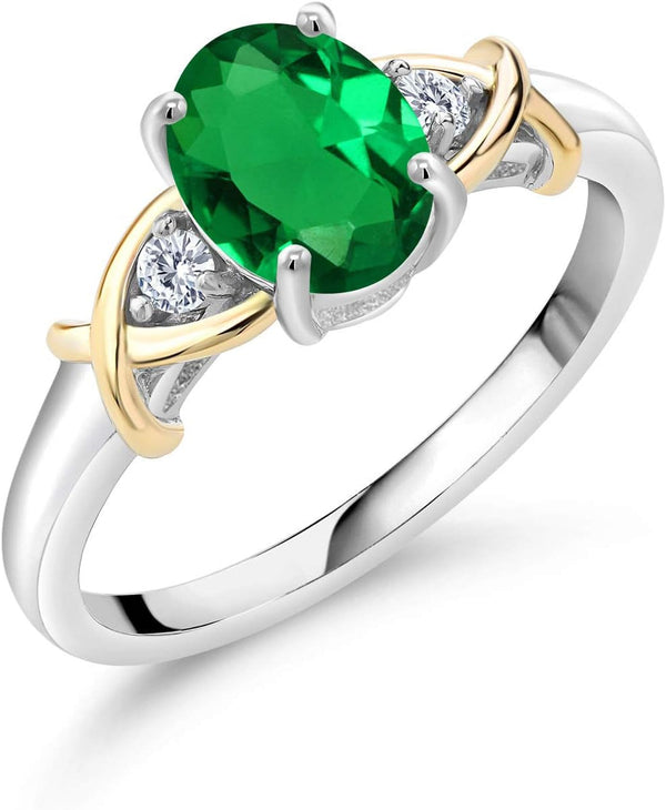 10K Yellow Gold and 925 Sterling Silver Green Nano Emerald and Lab Grown Diamond Engagement Ring for Women | 0.83 Cttw | Oval 8X6MM | Size 5-9