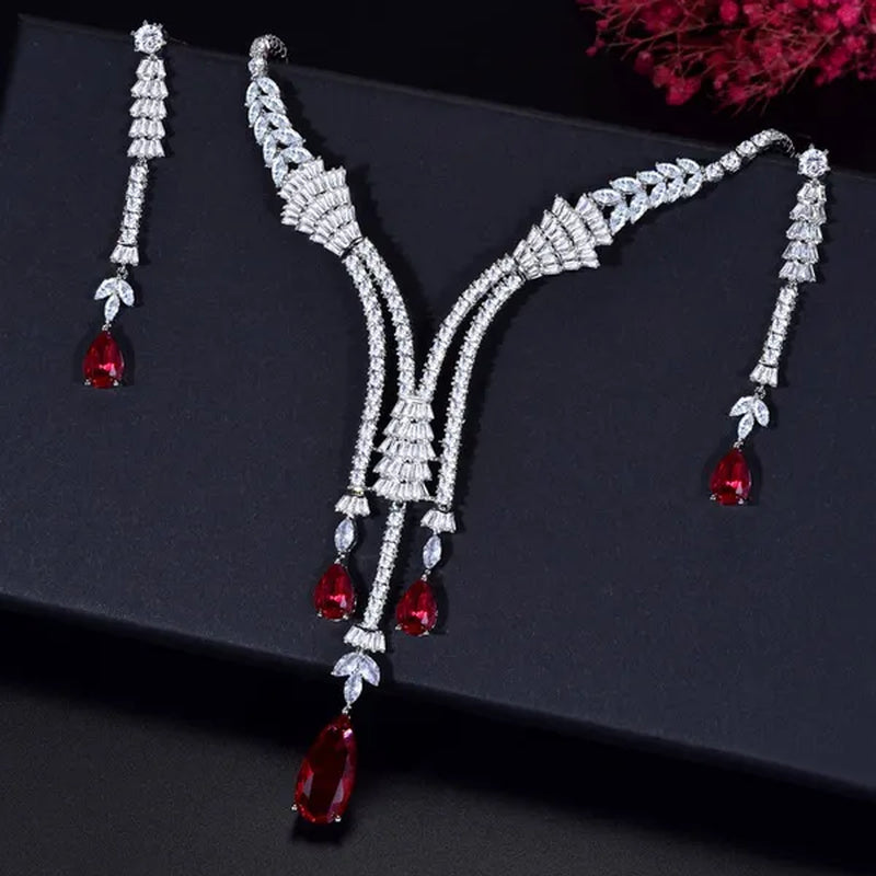 CANDICE Exclusive Design Bridal Jewelry Set with Red Teardrop Stones for Women Wedding CZ Long Tassel Choker Necklace Earrings Sets