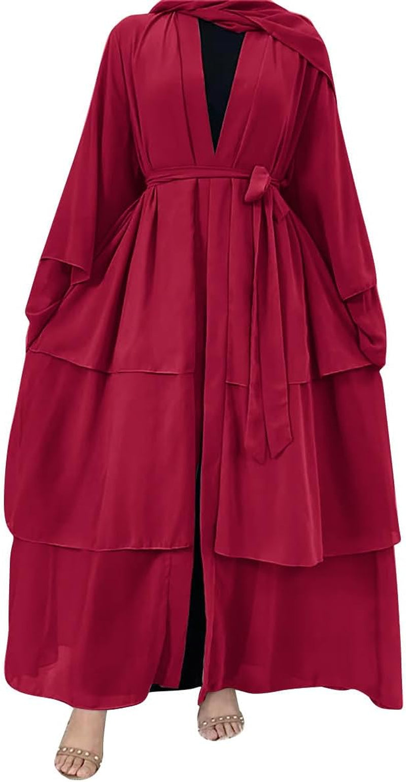 Muslim Chiffon Abaya for Women Open Front Cardigan Modest Dress with Hijab Scarf Middle East Arabian Robe Islamic Long Dress