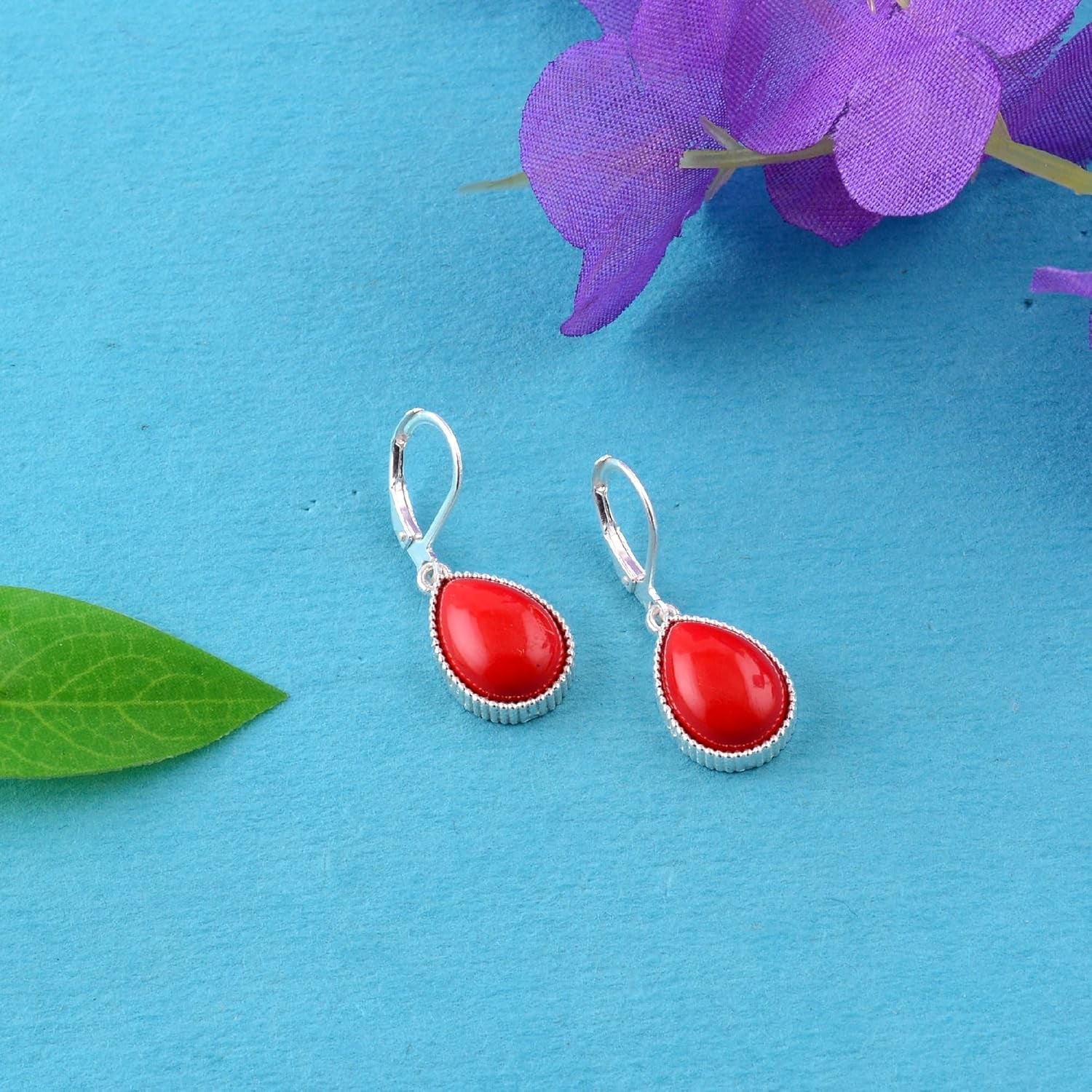 Handmade Coral & Turquoise Rectangle Leverback Earrings - 925 Sterling Silver Lapis Lazuli Dangle Earrings for Women, Blue Sapphire Teardrop Jewelry