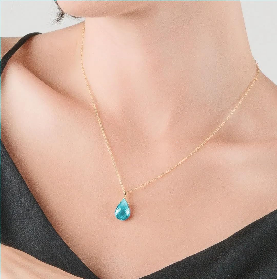 Natural Blue Topaz Drop Pendant Necklace, 5.10 Carat Ctw, 9K Solid Gold, 15 X 10 Mm Pear Shape Flat Briolette Cut