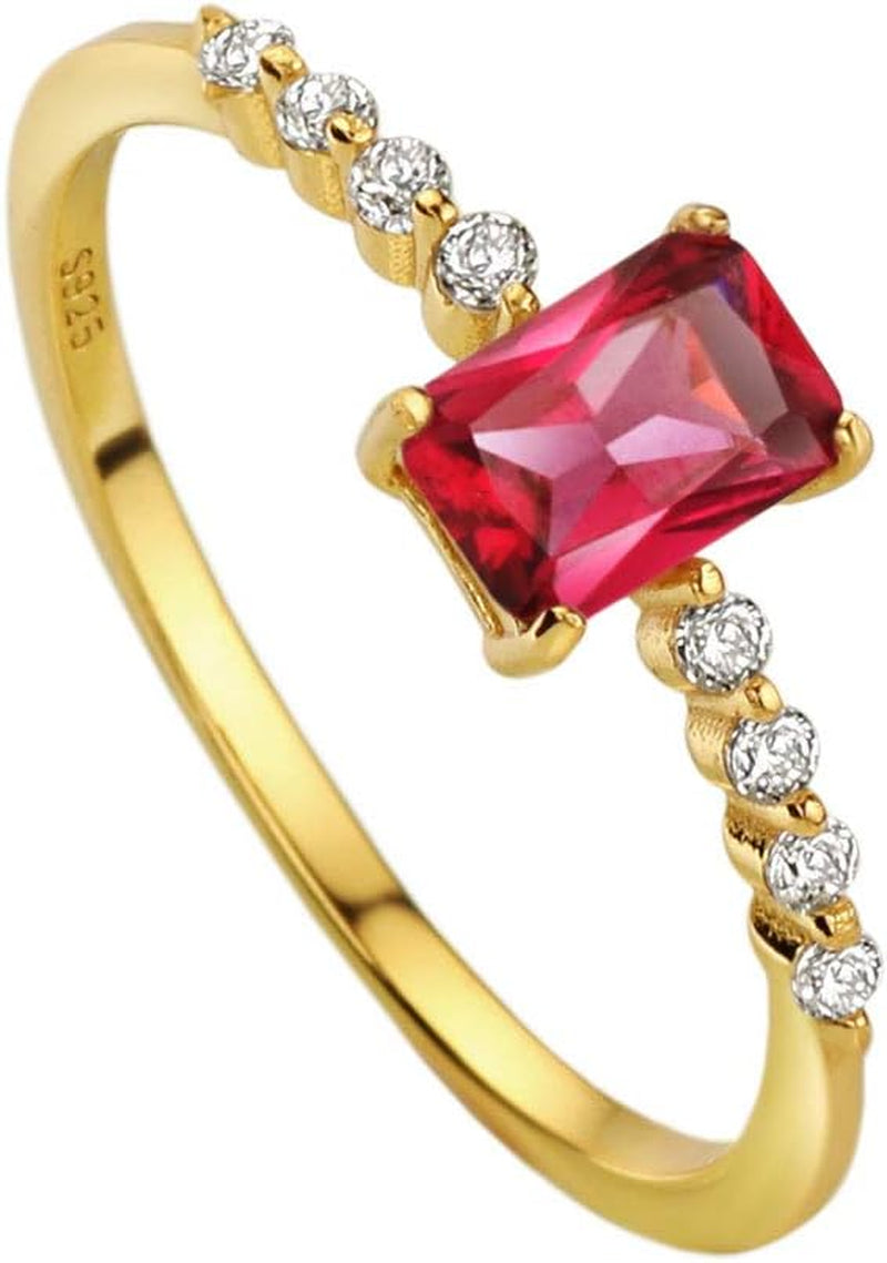 S925 Dainty Baguette Birthstone Rings CZ Band Rings Ruby 18K Gold Plated Sterling Silver Fine Jewelry for Women