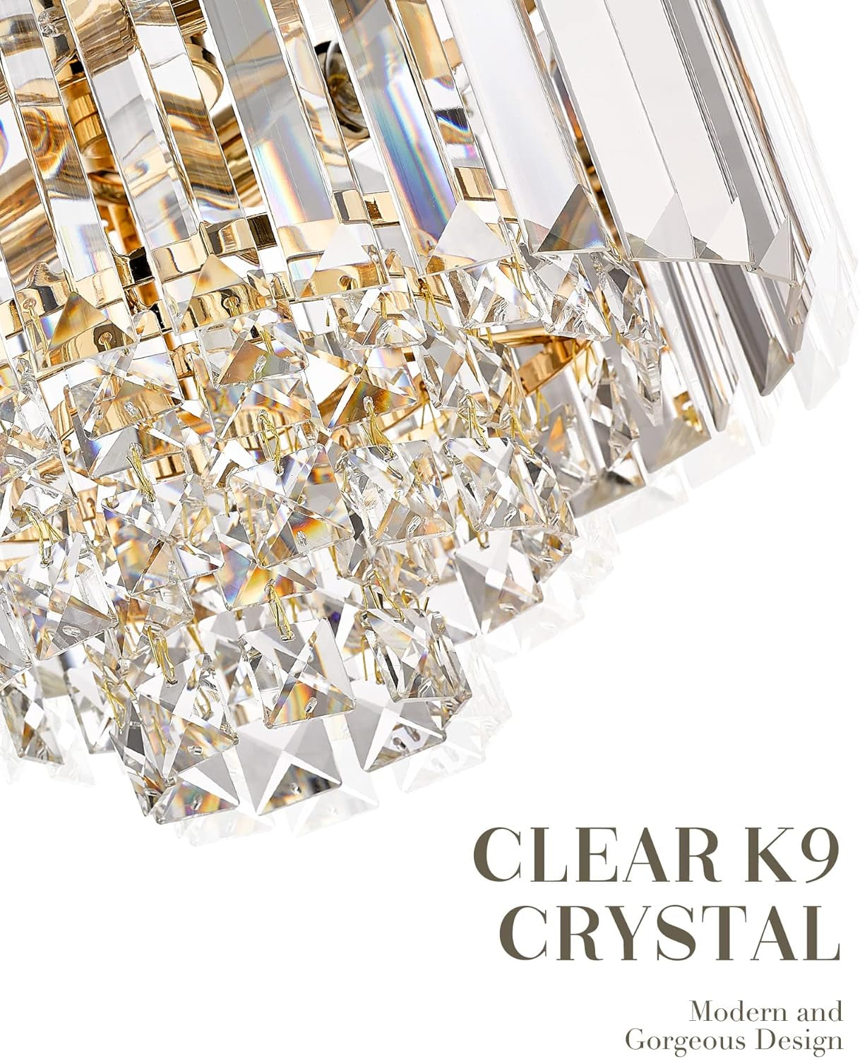 Gold Chandelier, 4-Tier Crystal Chandelier, Modern Pendant Light for Dinning Room Kitchen Island Bedroom Entryway, CC4215-3W-G