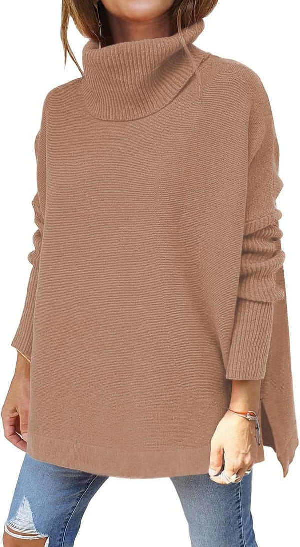 Women'S Turtleneck Oversized Sweaters Long Batwing Sleeve Spilt Hem Tunic Pullover Knit Tops