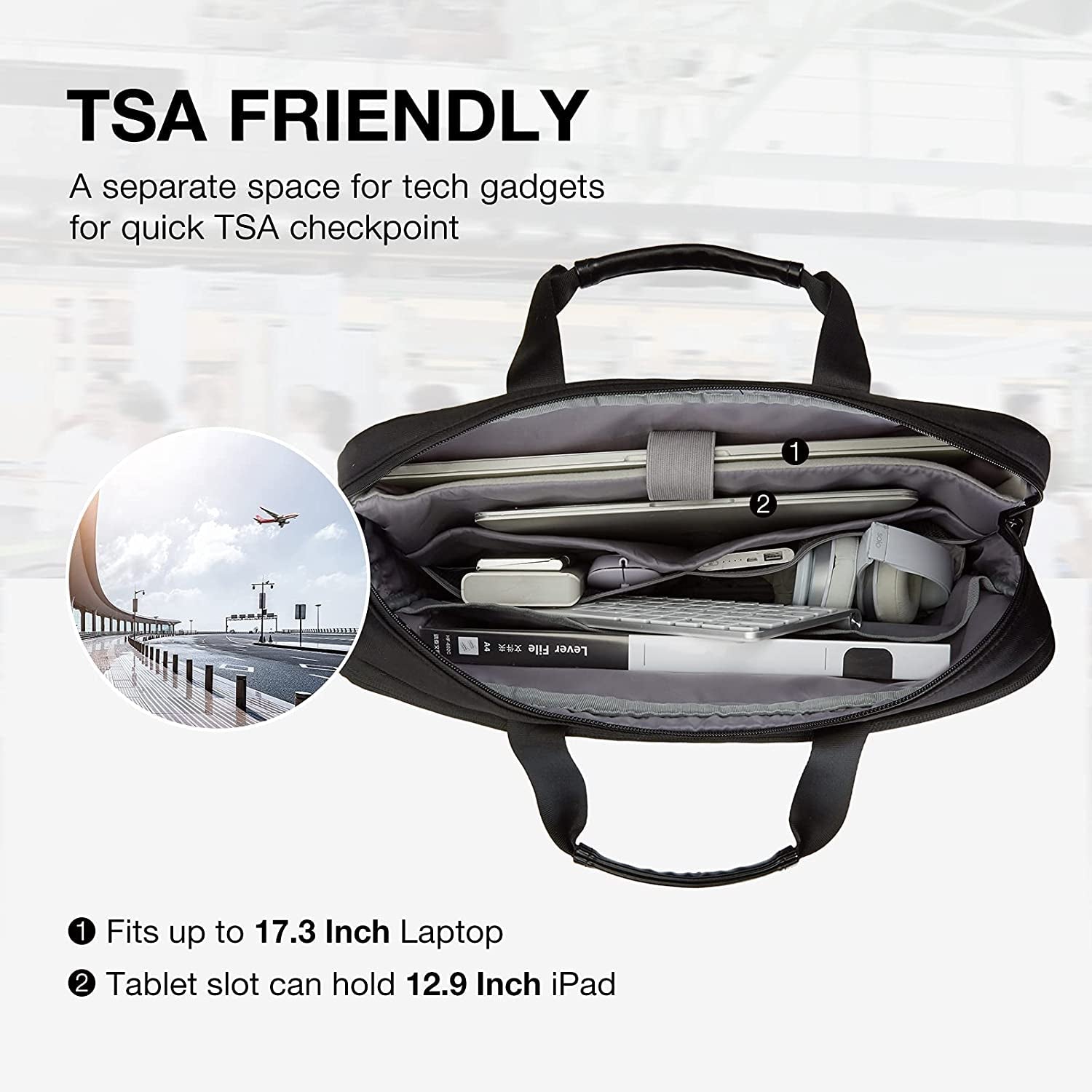 17.3 Inch Expandable Slim Laptop Briefcase for Business Travel, Water-Resistant Work Bag with Organizer Compartment, Black