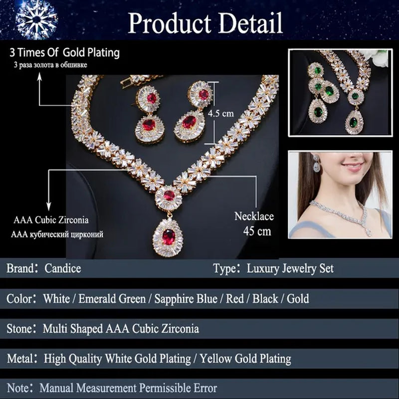 CANDICE African Gold Plating Hand-Inlay CZ Pendant Necklace and Earrings Gorgeous Dubai Women Wedding Party Tear Drop Jewelry Set with Red Crystal