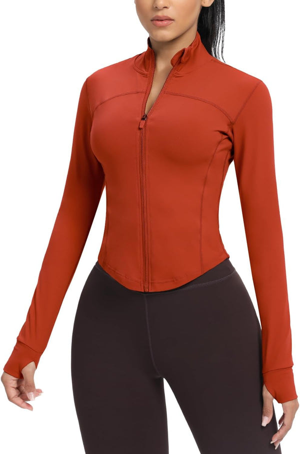 Women'S Cropped Running Workout Jackets Zip Slim Fit Athletic Tops with Thumb Holes