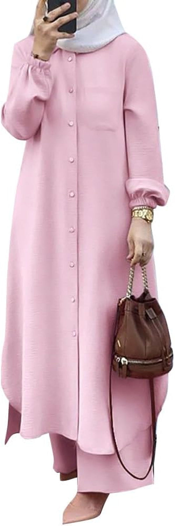 Women'S Muslim 2 Pieces Sets Long Sleeve Button down Shirt and Pants Abaya Casual Dress Dubai Outfits