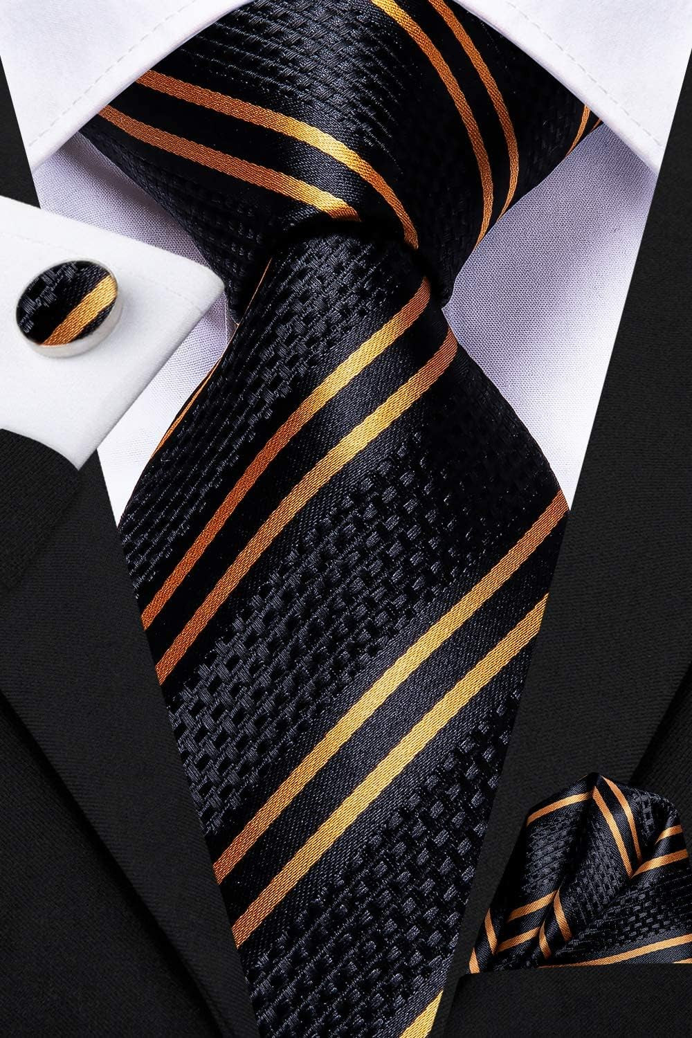 Mens Paisley Floral Silk Tie for Men Striped Necktie and Pocket Square Cufflinks Set Wedding Business