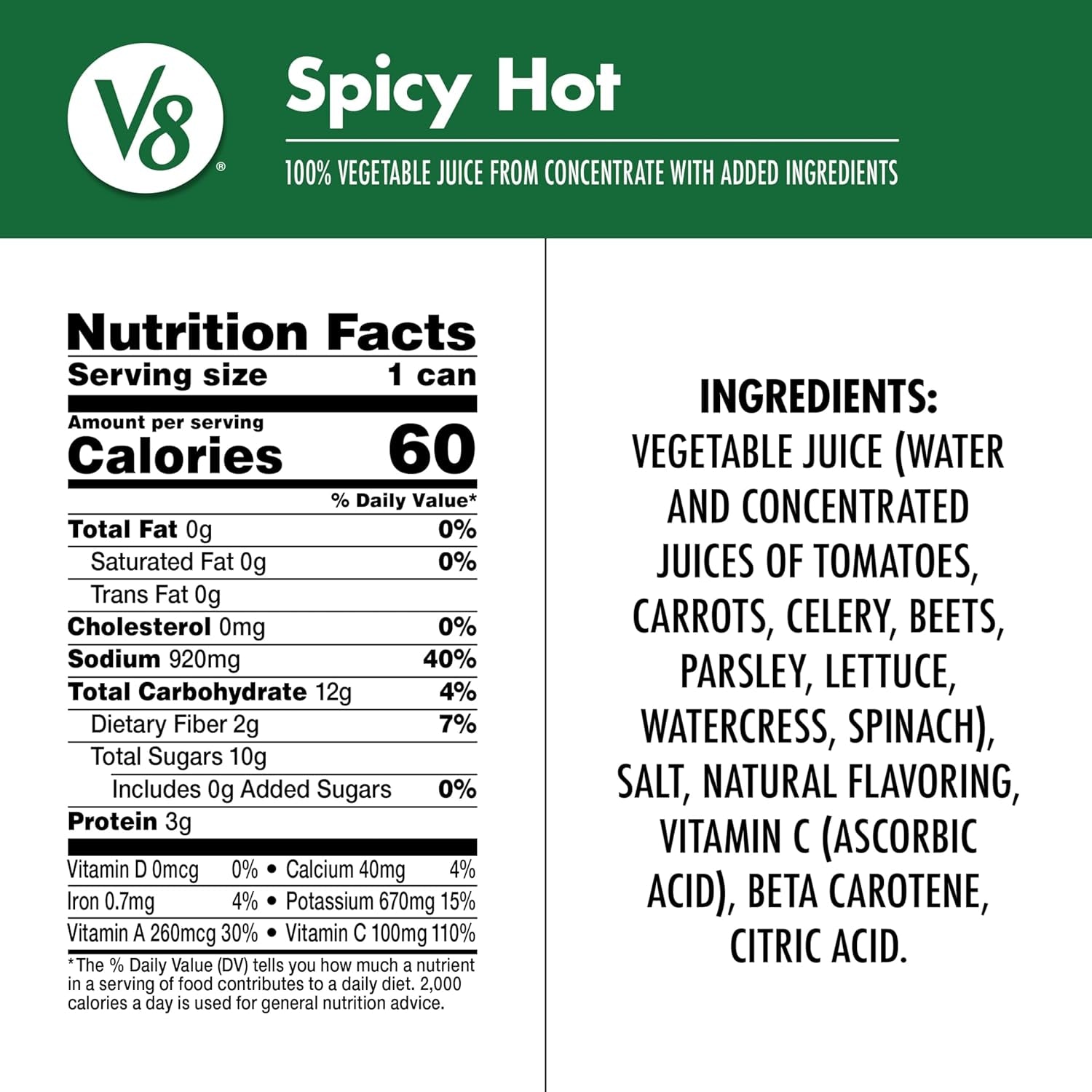 Spicy Hot 100% Vegetable Juice, 11.5 Fl Oz Can (24 Pack)