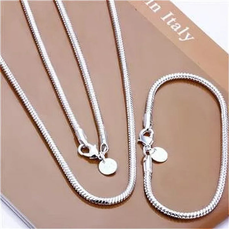 NEW Wholesale 925 Sterling Solid Silver 3Mm Snake Bracelet Necklace Sets
