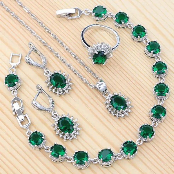Natural Green Cubic Zirconia 925 Sterling Silver Jewelry Sets for Women Engagement Earrings Ring Pendant Necklace Set