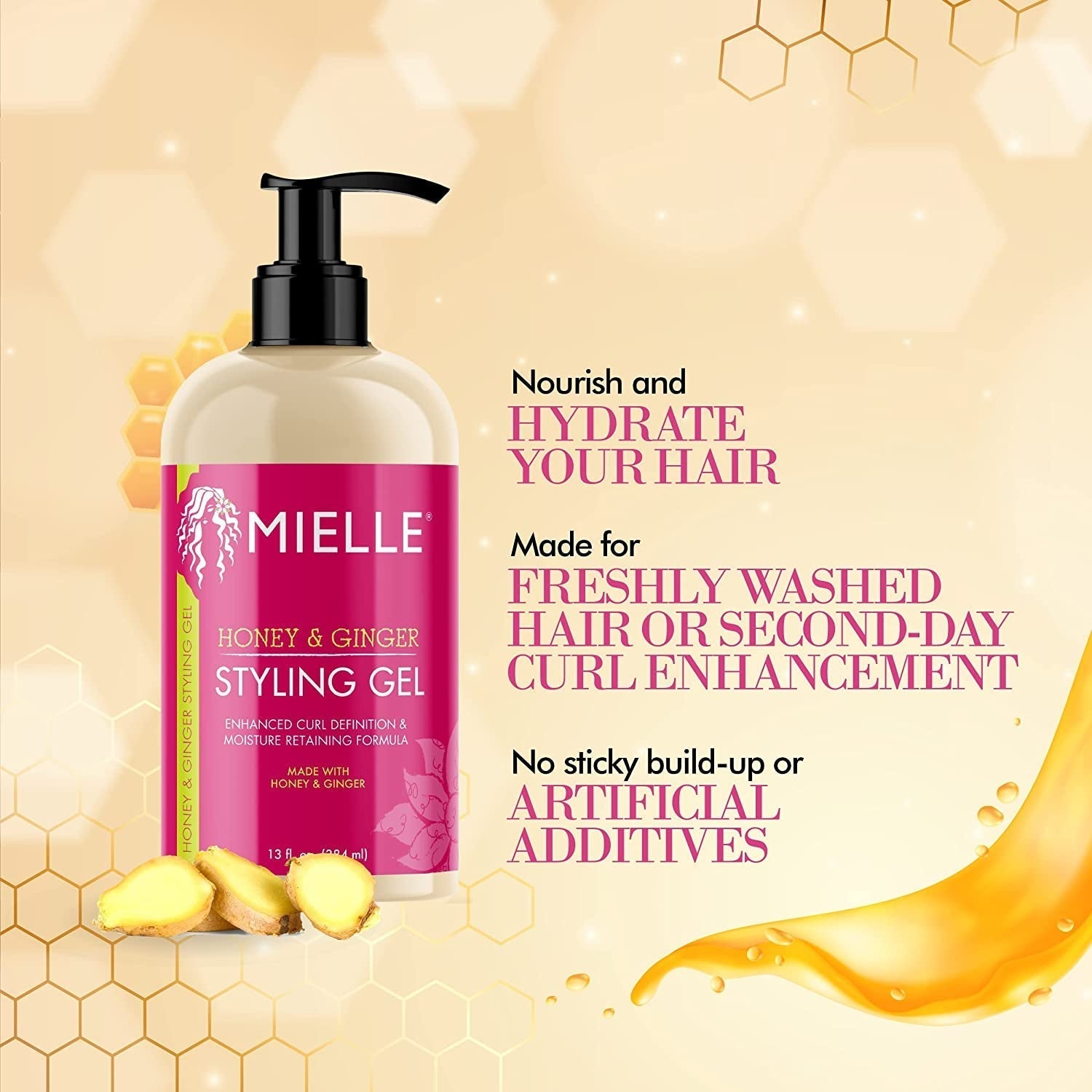 Honey & Ginger Styling Gel for Enhanced Curl Definition and Moisture Retaining with Aloe for Dry, Curly, Thick, and Frizzy Hair, Non-Sticky, 13 Ounces