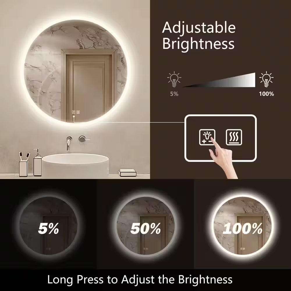 32 In. W X 32 In. H round Frameless LED Light with 3-Color and Anti-Fog Wall Mounted Bathroom Vanity Mirror