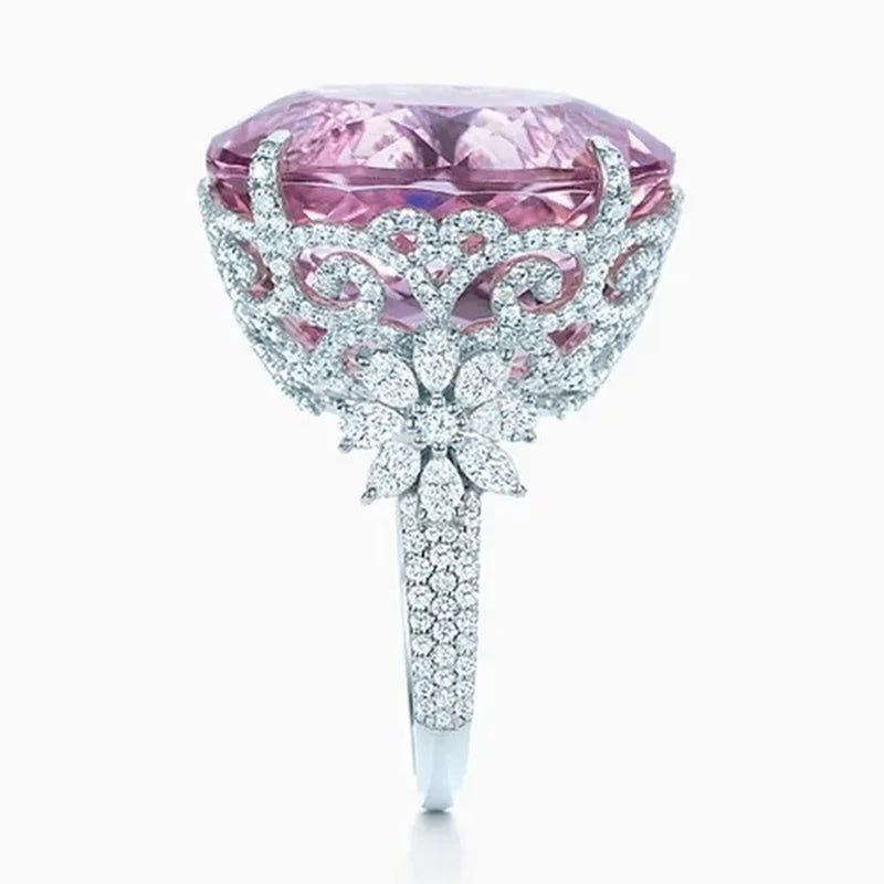 Women 925 Silver Plated Pink CZ Sapphire Wedding Birthstone Bride Flower Jewelry Ring Size 6-10
