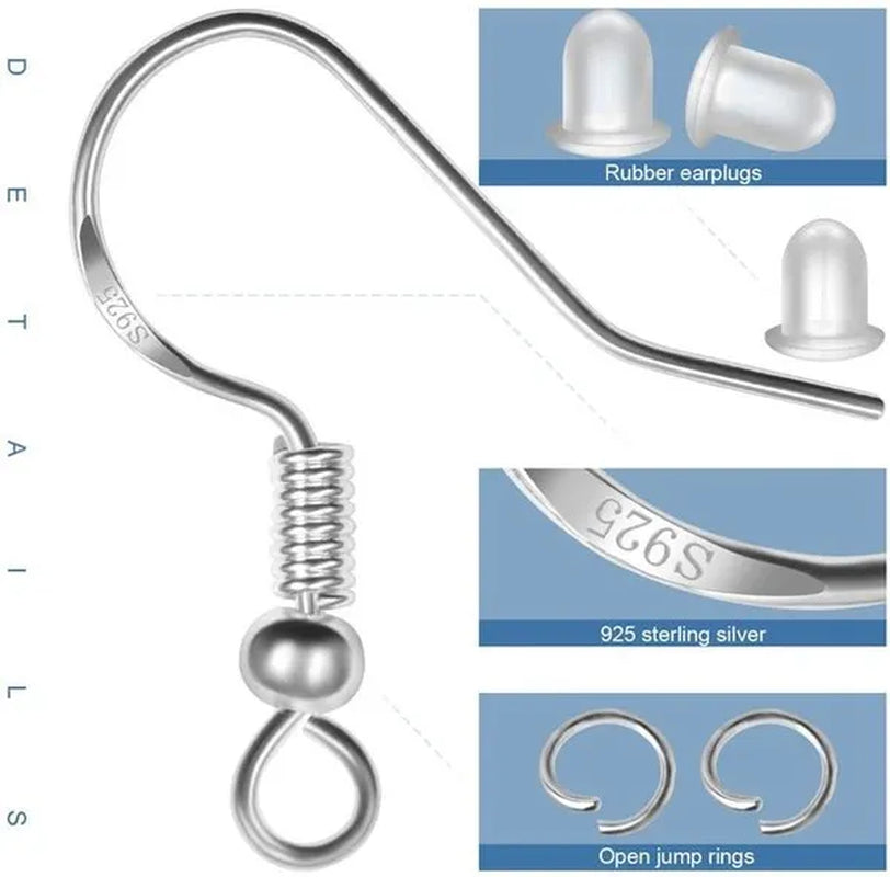 925 Sterling Silver Earring Hooks, 300PCS Earring Hooks Kit - 100PCS Hypoallergenic Earring Hooks for Jewelry Making with 100PCS Open Jump Rings and 100PCS Rubber Earring Backs