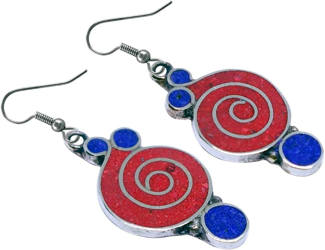 Handmade Drop Earrings, Gemstone Inlay Earring for Women, Boho Design Jewelry, Fashion Earrings for Gifts, Silver Plated Earrings