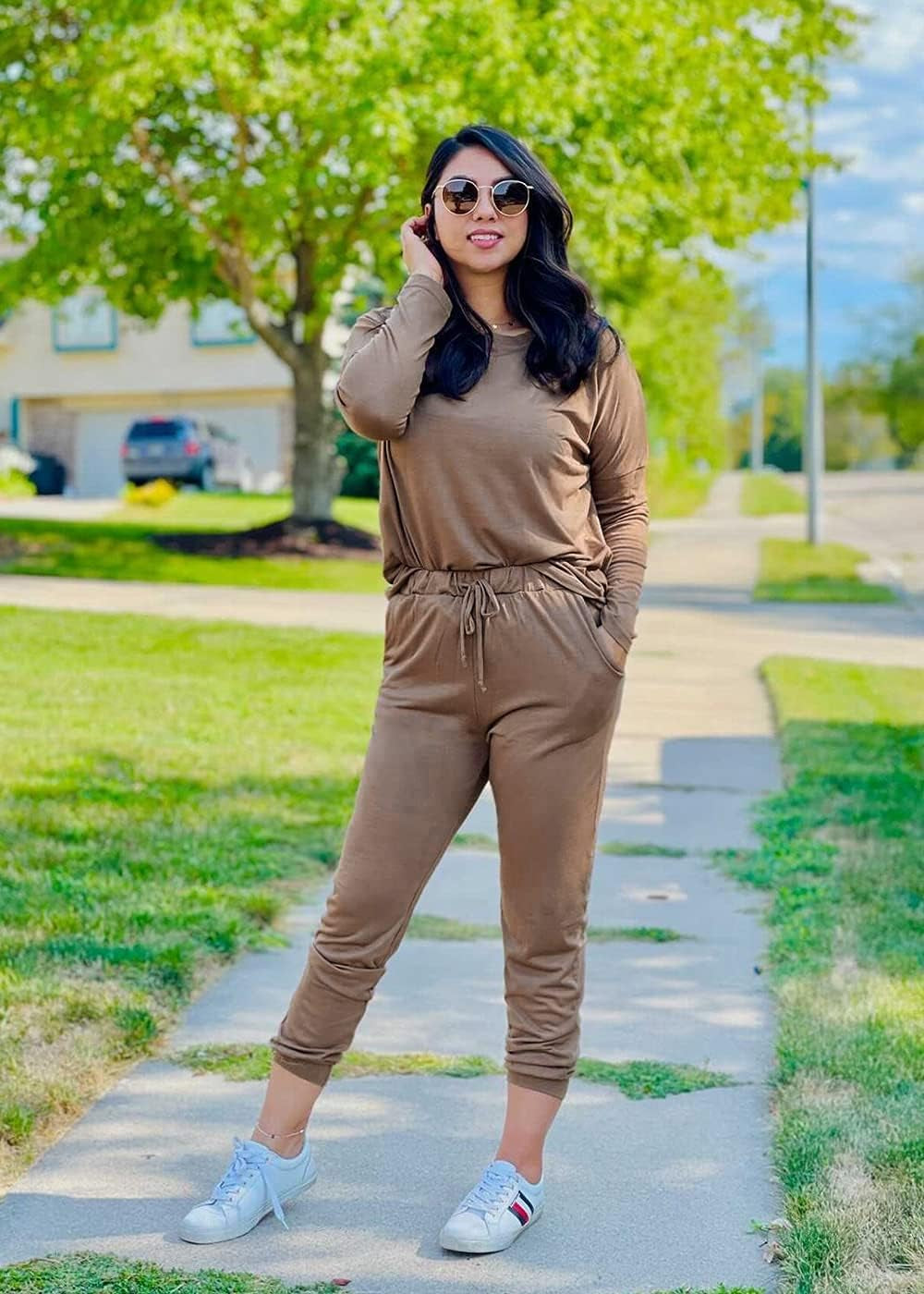 Women'S Fall 2 Piece Lounge Outfit Long Sleeve Crewneck Pullover Tops High Waisted Pants Set Tracksuit