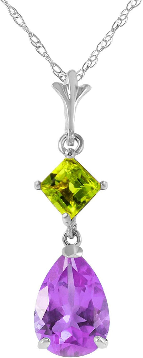 2 Carat 14K Solid White Gold Necklace with Natural Amethyst and Natural Peridot Drop Pendant