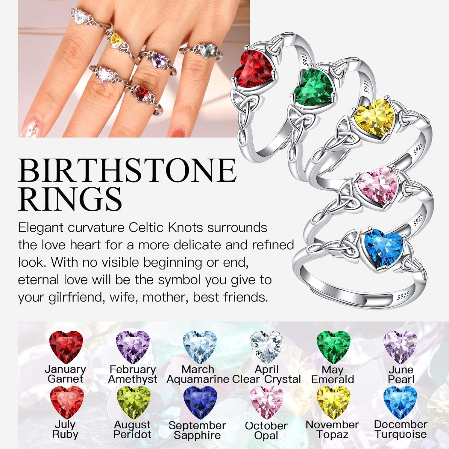 925 Sterling Silver Good Luck Celtic Twisted Knot/Claddagh Heart Birthstone Ring, Thin Delicate Adjustable Promise Engagement Ring Irish Jewelry for Women