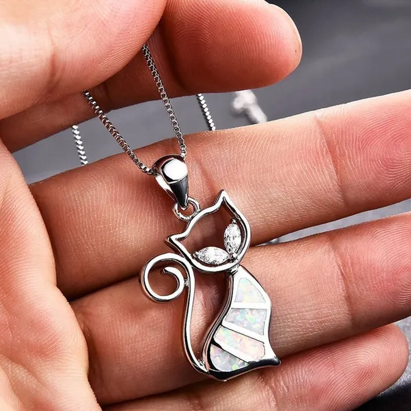 Fashion Elegant 925 Silver White Fire Opal Sapphire Cat Pendant Necklace Womens Jewelry Gifts
