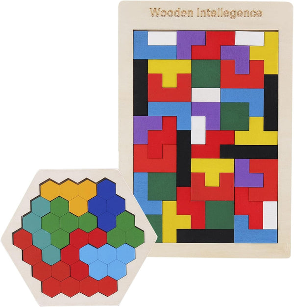 2 Pack Wooden Russian Blocks Puzzle&Hexagon Puzzles for Kids &Adults Wooden Blocks Puzzle Brain Teasers Intelligence Logic Toy Tangrams STEM Montessori Shapes Puzzles Gift for Children