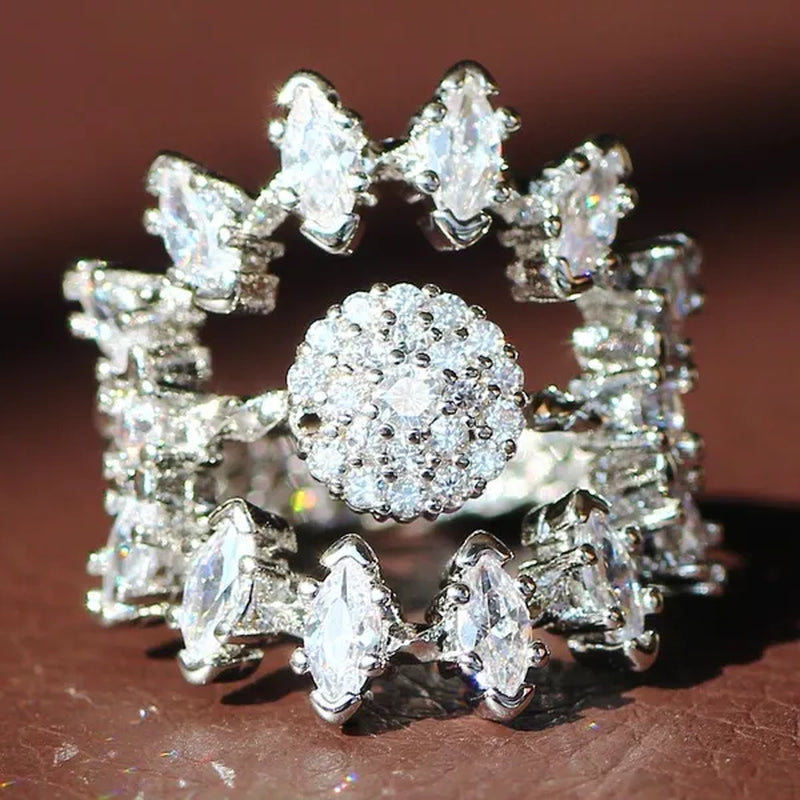 Luxurious  Silver Natural Gemstones White Sapphire Wedding Birthstone Bride Flower Engagement Ellipse Princess Sun Ring Jewelry Size 6 7 8 9 10