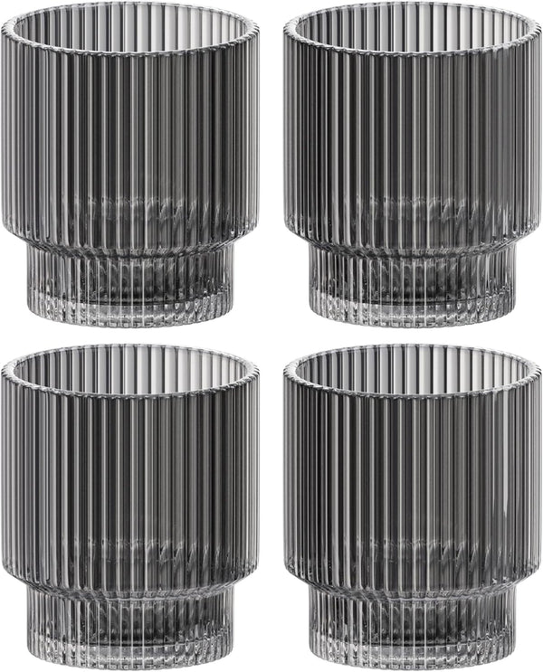 Vintage Art Deco Fluted Drinking Glasses, Set of 4 Modern Kitchen Glassware Set | Old Fashion Tumbler for Cocktails and Water | Ribbed Lowball Glass Cup for Whiskey (Smoke Grey)