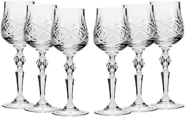 Glassworks Set of 6, 2-Oz Hand Made Vintage Russian Crystal Shot Glasses on a Stem, Vodka or Liquor Old-Fashioned Glassware