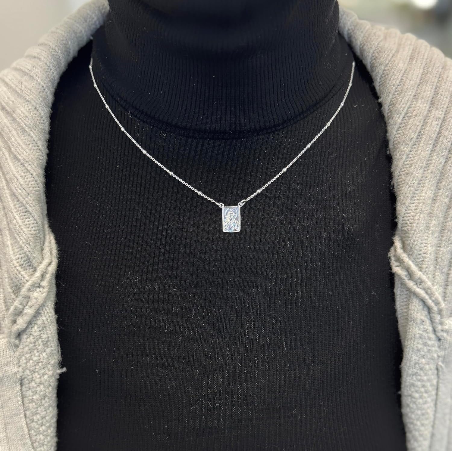 FRONAY Sterling Silver Scapular Necklace for Women, Sacred Heart of Jesus & Our Lady of Mount Carmel Medal, Double Sided Single Pendant, 16 Inches