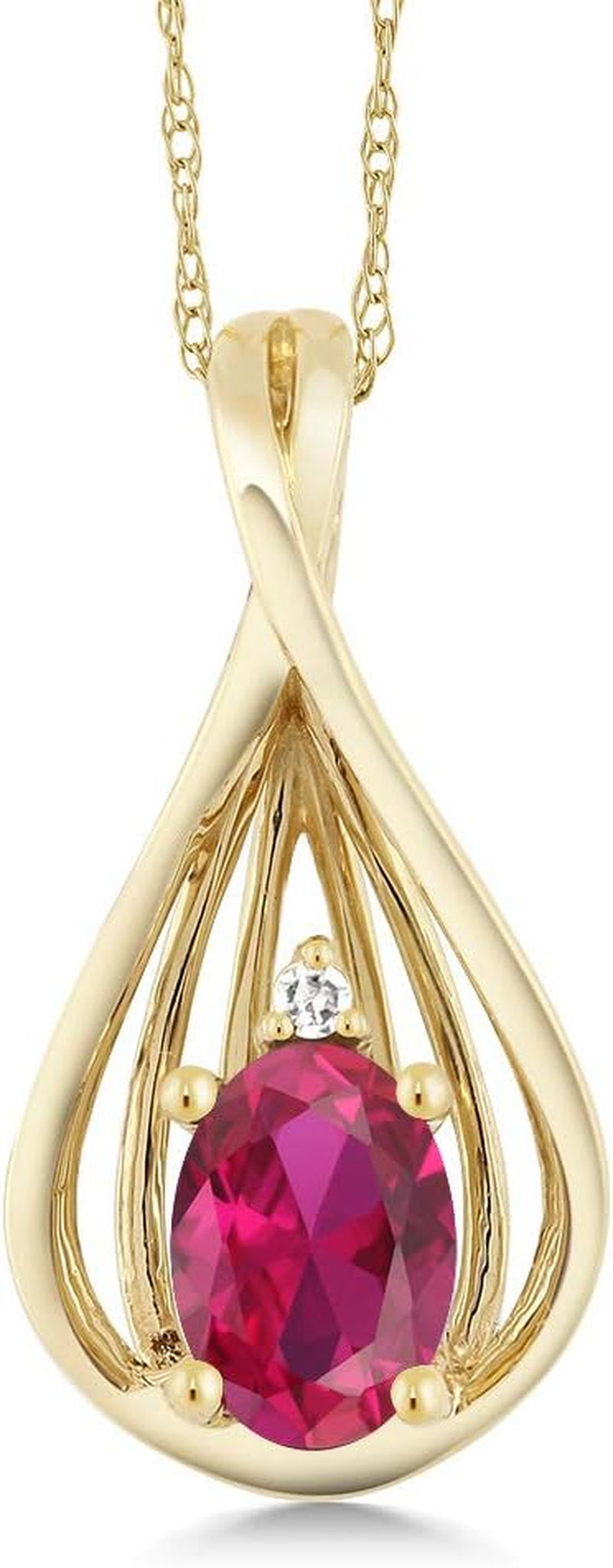 10K Yellow Gold Red Created Ruby and White Diamond Teardrop Pendant Necklace for Women (0.50 Cttw, Gemstone July Birthstone, Oval 6X4MM, with 18 Inch Chain)