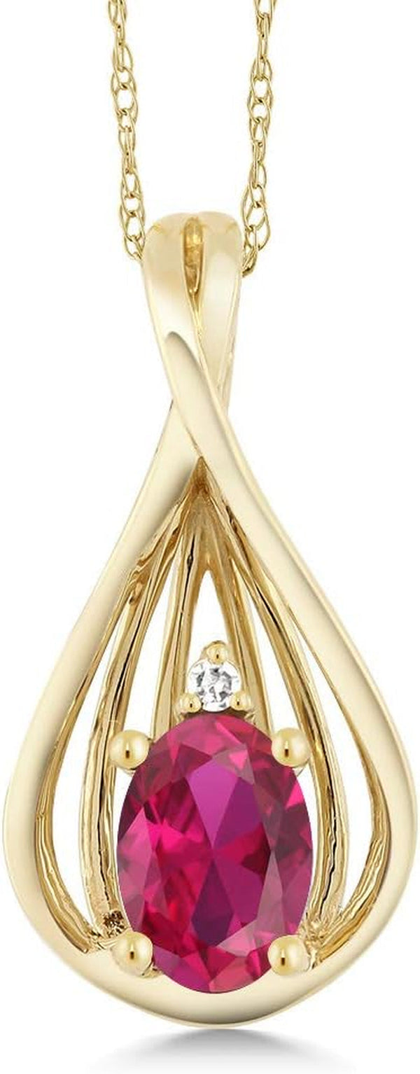 10K Yellow Gold Red Created Ruby and White Diamond Teardrop Pendant Necklace for Women (0.50 Cttw, Gemstone July Birthstone, Oval 6X4MM, with 18 Inch Chain)