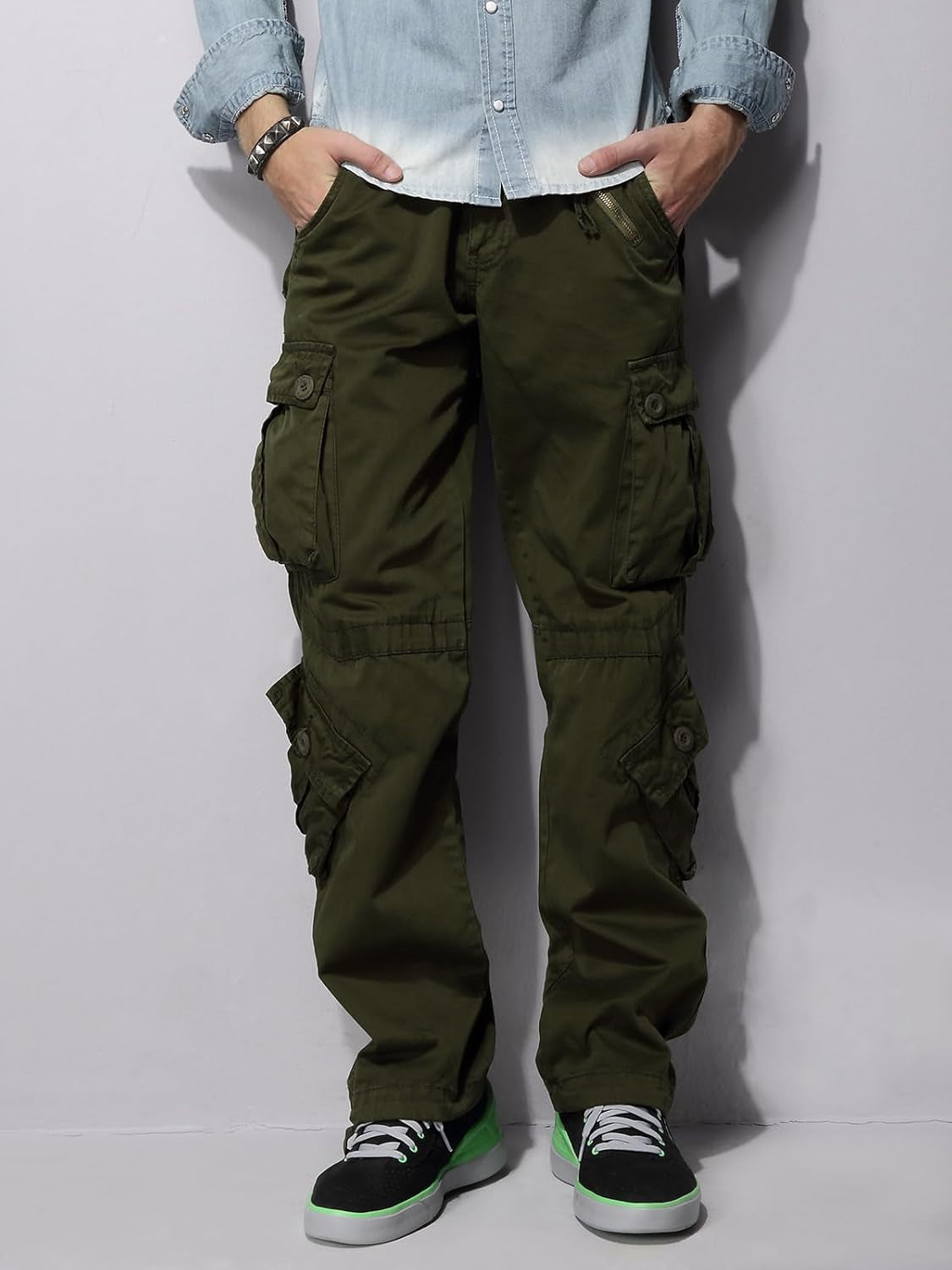 Men'S Cotton Casual Cargo Work Pants Baggy Camo Tactical Combat Trousers with 8 Pockets (No Belt)