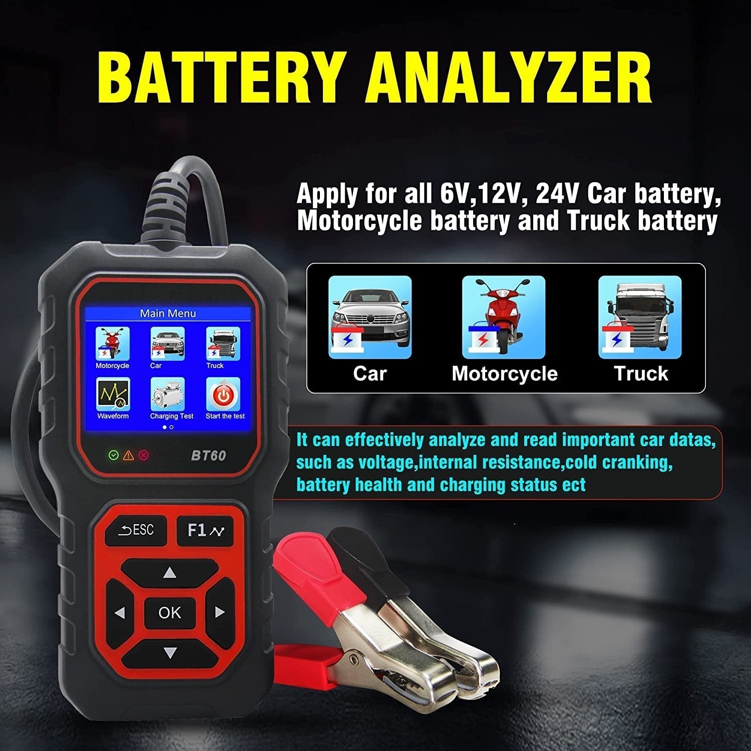 Car Battery Tester 5-36V Battery Load Tester Alternator Cranking Charging System Checker Digital Battery Analyzer 2.4 Inch HD TFT Colour Screen for Heavy Duty Truck Boat Marine Motorcycle