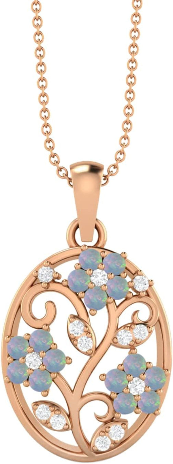 925 Sterling Silver Filigree Floral Natural round Ethiopian Opal & White Topaz Teardrop Charm Pendant Chain Necklace