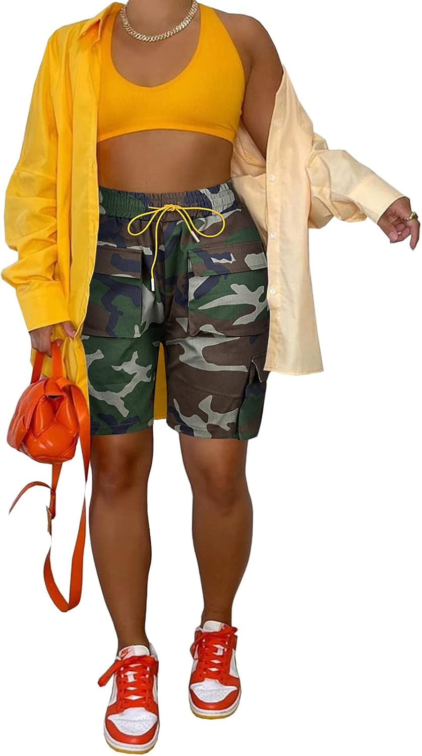 Women Camo Shorts Slim Fit Camouflage Cargo Shorts Casual Army Fatigue Shorts with Pockets