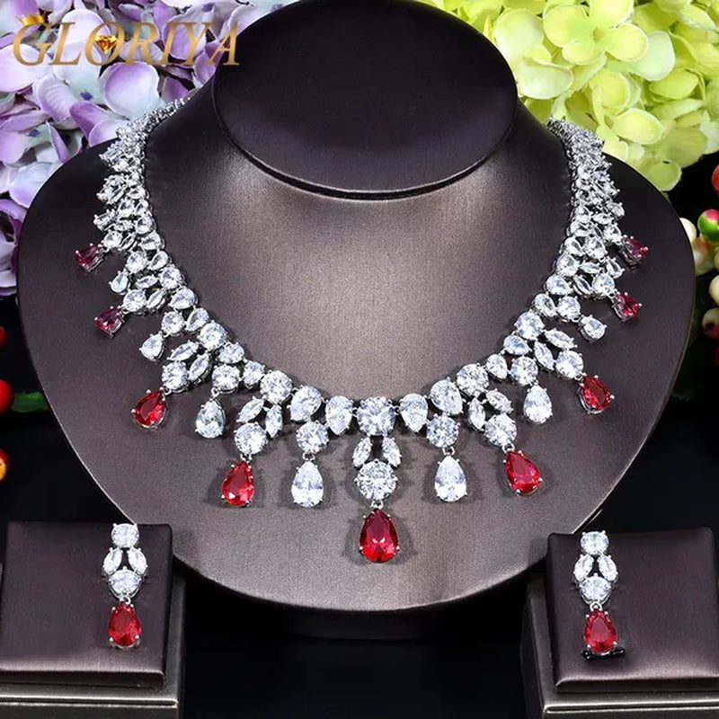Gloriya Luxury Wedding Bridal Party Jewelry Set For Women White Gold Plated Red Cubic Zirconia Tear Drop Earrings Necklace Sets