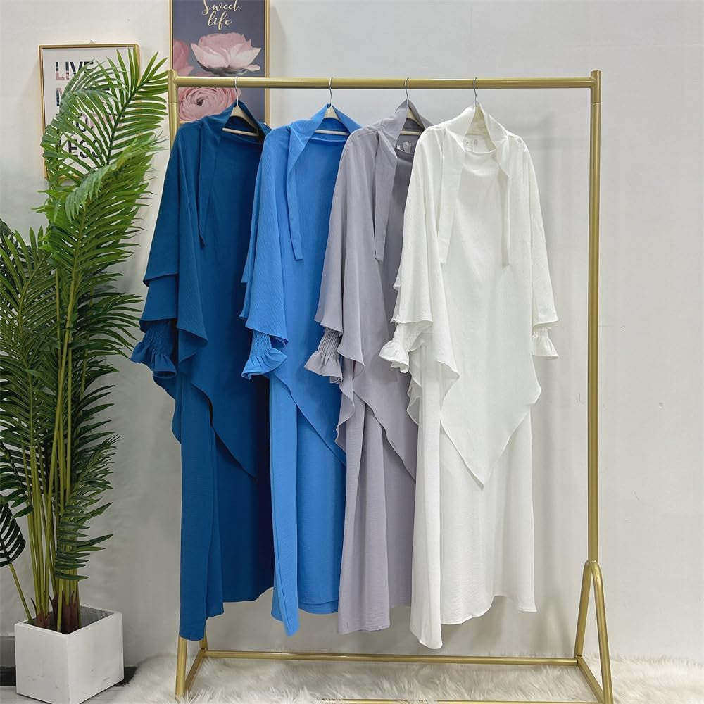 Women Prayer Dress Muslim Ramadan Garment Abaya Dubai Islam Jilbeb 2 Piece Set Layered Khimar Scarf Hijab and Long Dress