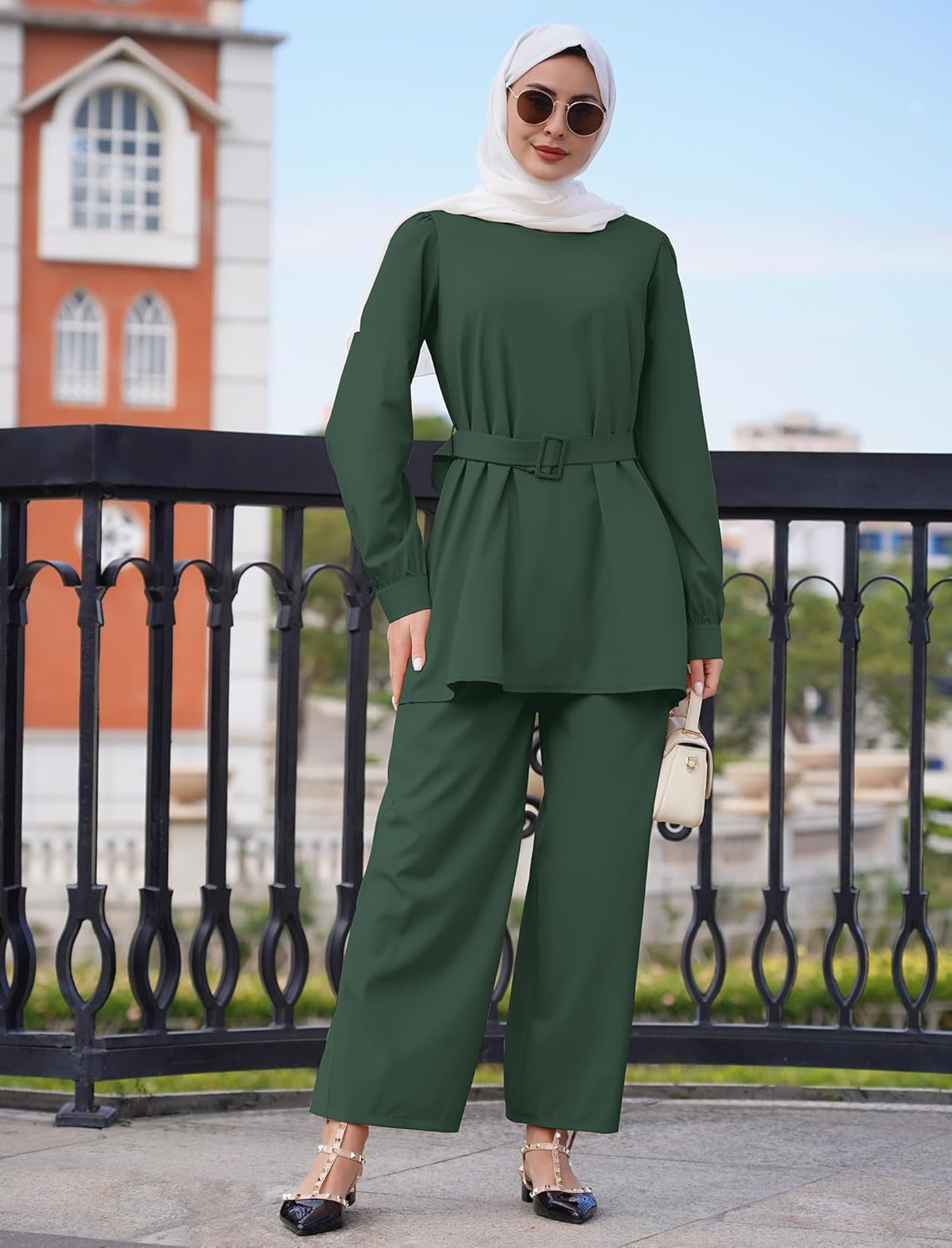 Abayas for Women Muslim 2 Pieces Set Long Sleeve Loose Top Pants Eid Ramadan Dubai Islamic Muslim Clothes with Belt