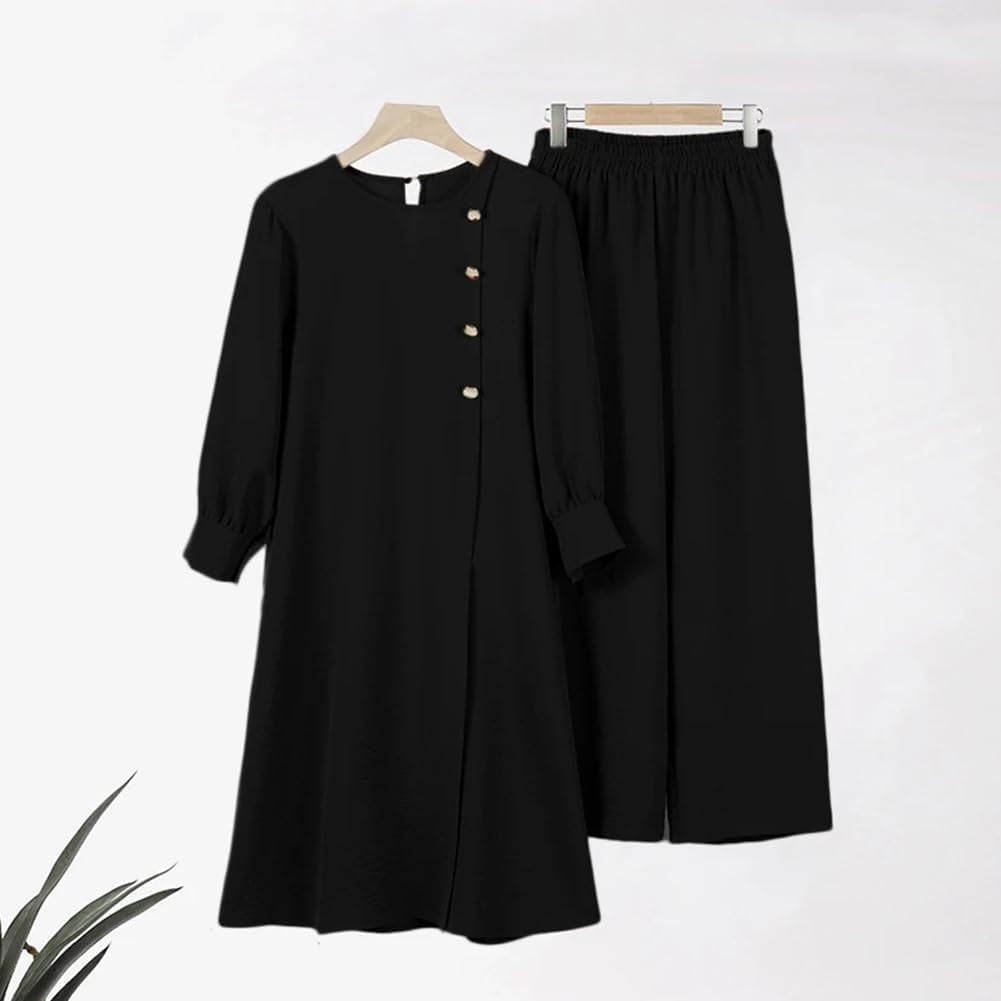 Abaya Dress for Women Muslim Set Long Sleeve Ramadan Islamic Dress Shirt with Pants 2PCS Dubai Prayer Casual Clothes